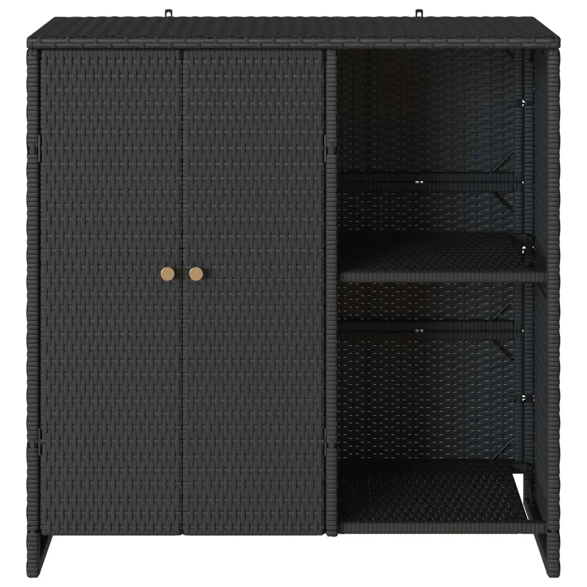 Black Rectangular Storage Cabinet with Rattan Construction