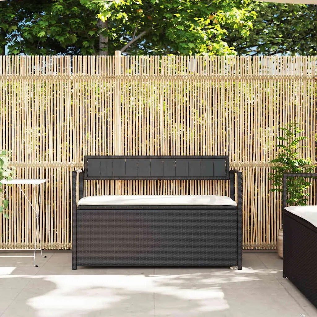 Garden Storage Bench with Cushion Black Poly Rattan Outdoor Seating Organiser