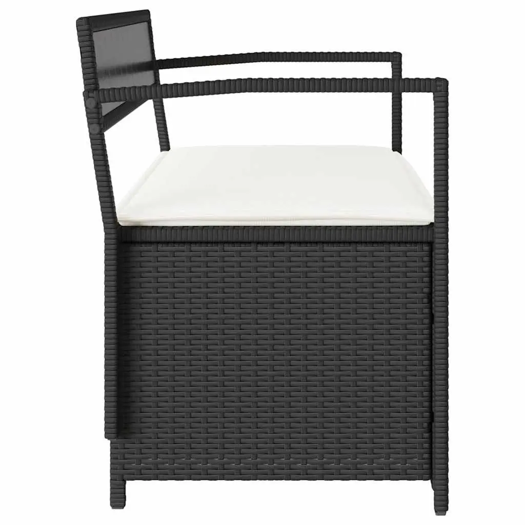 Garden Storage Bench with Cushion Black Poly Rattan Outdoor Seating Organiser
