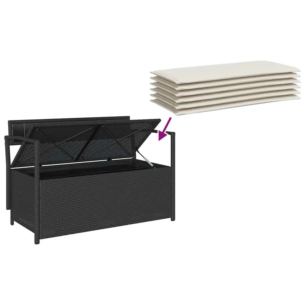 Garden Storage Bench with Cushion Black Poly Rattan Outdoor Seating Organiser