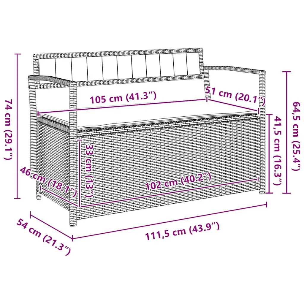 Garden Storage Bench with Cushion Black Poly Rattan Outdoor Seating Organiser