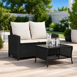 Outdoor Garden Sofa 2-Seater Black Poly Rattan with Cushions Coffee Table Set