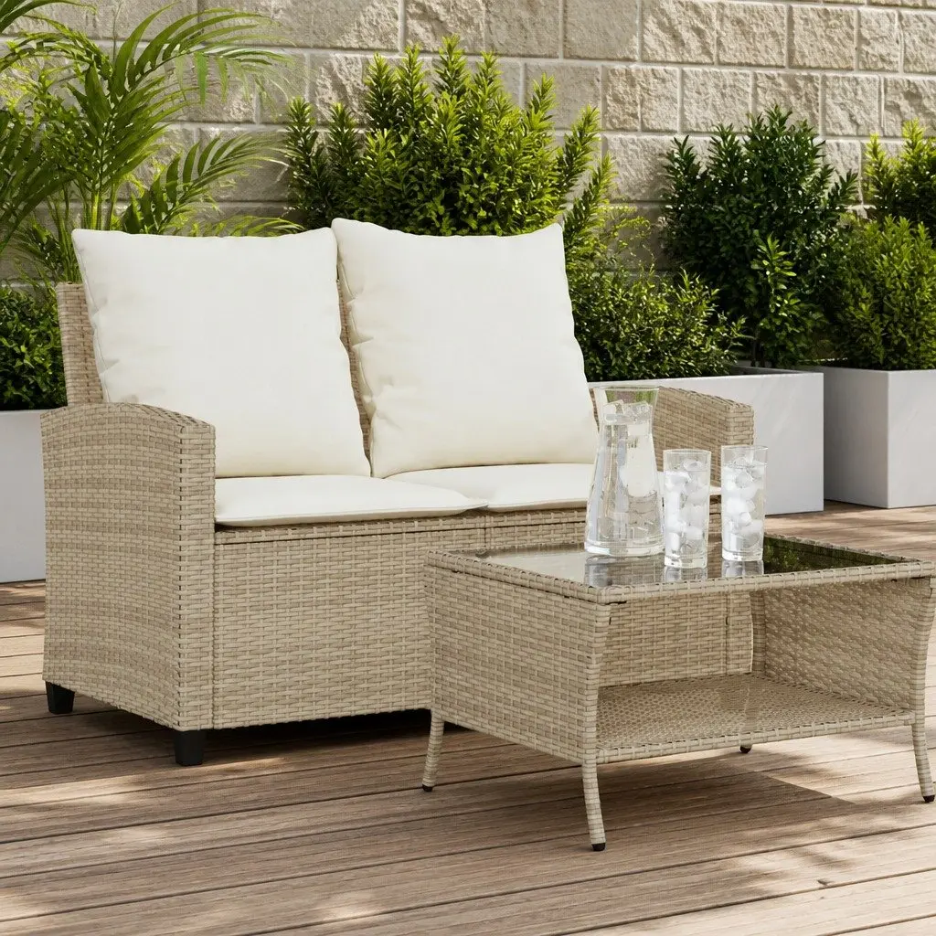 Garden Sofa Outdoor 2-Seater with Cushions Glass Table Beige