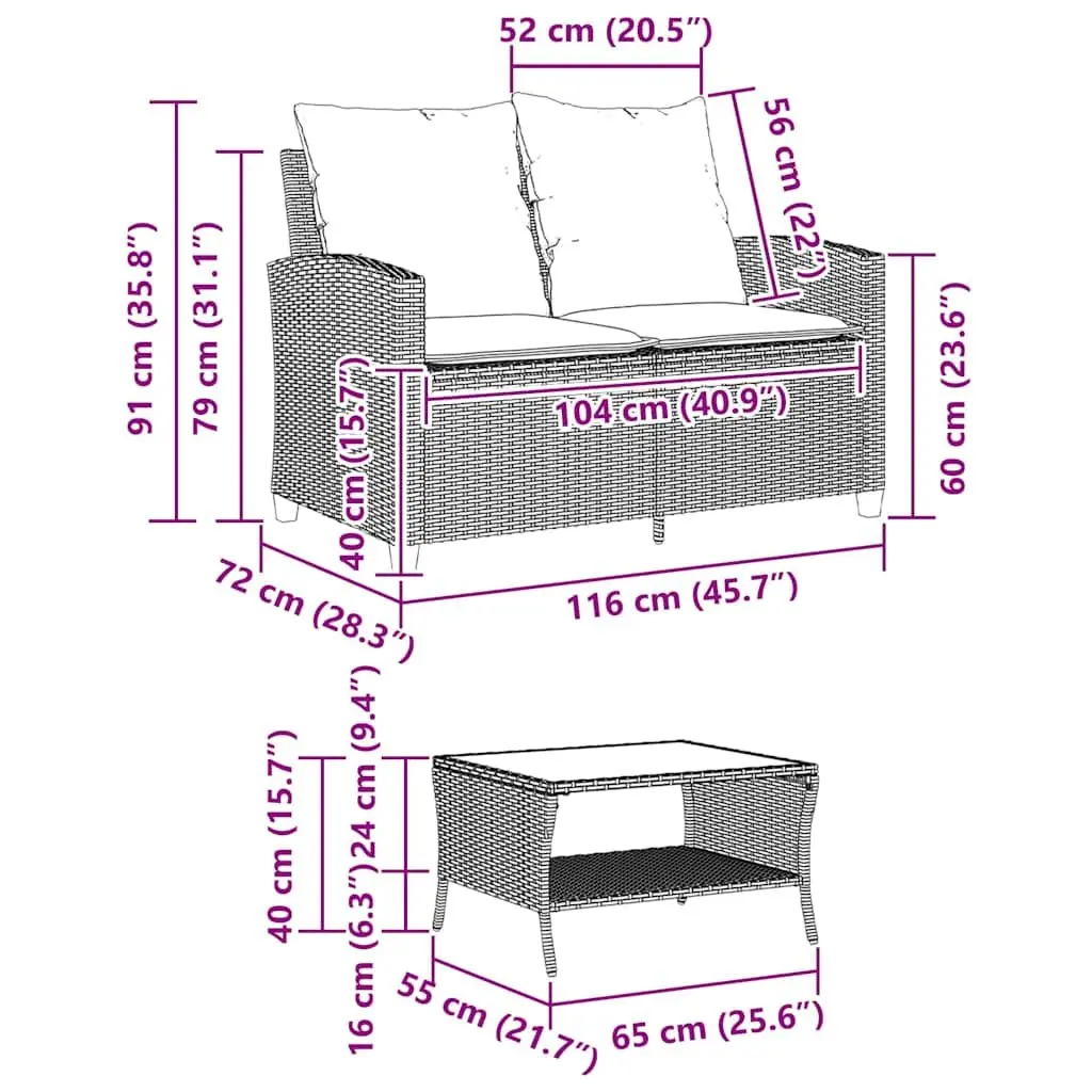 Garden Sofa Outdoor 2-Seater with Cushions Glass Table Beige