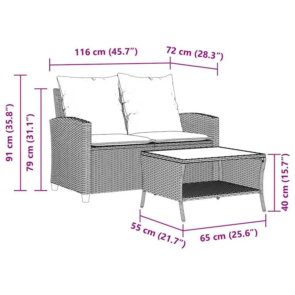 Garden Sofa Outdoor 2-Seater with Cushions Glass Table Beige