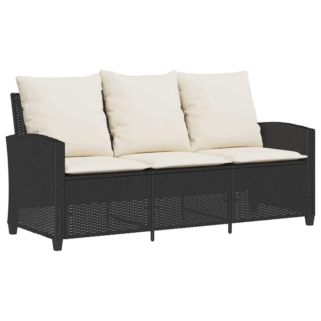 Garden Sofa 3-Seater for Patio Black Poly Rattan with Acacia Wood Table