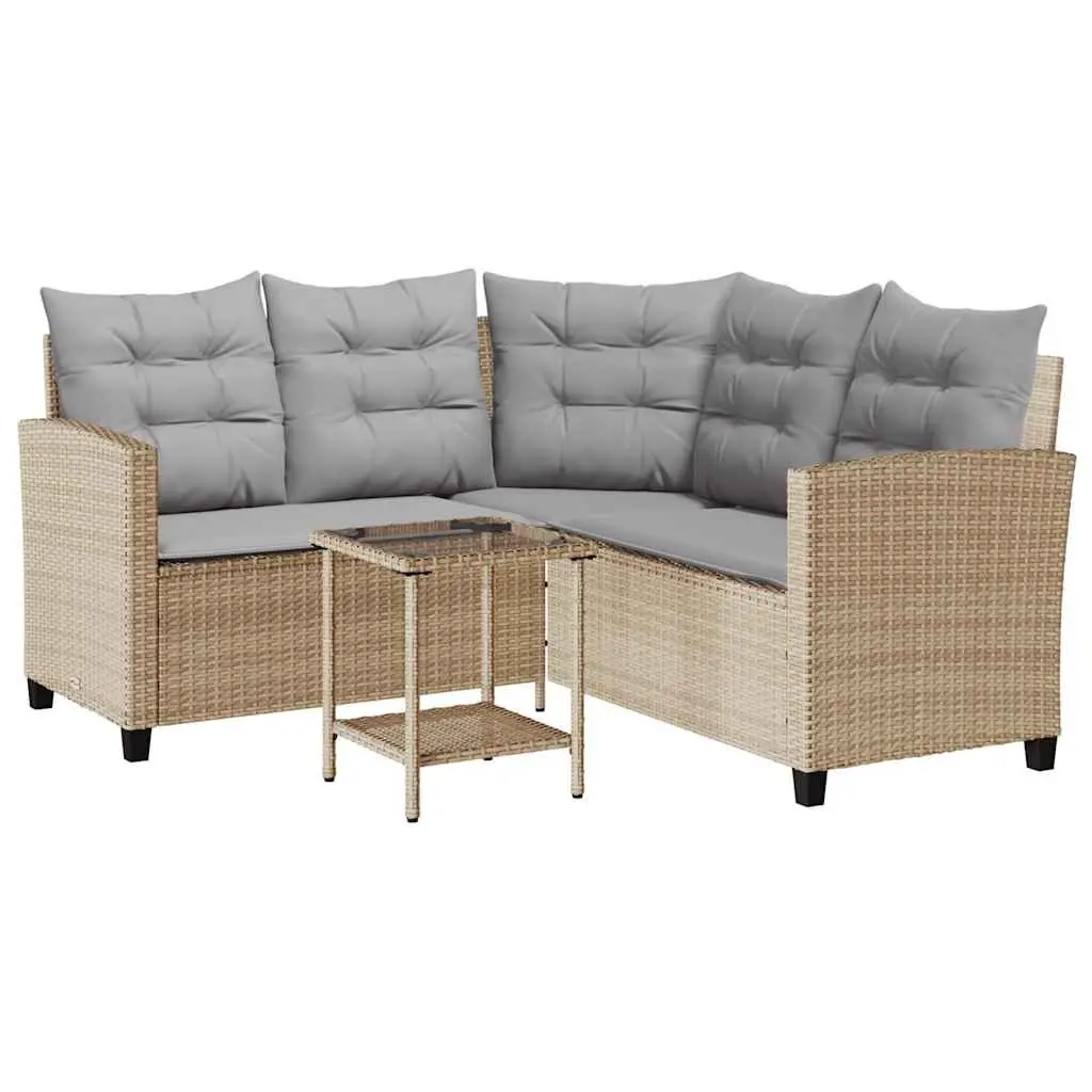 L-Shaped Garden Sofa with Table & Cushions Beige Poly Rattan Outdoor Corner Set