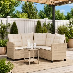 L-Shaped Garden Sofa Set: Beige with Table & Cushions