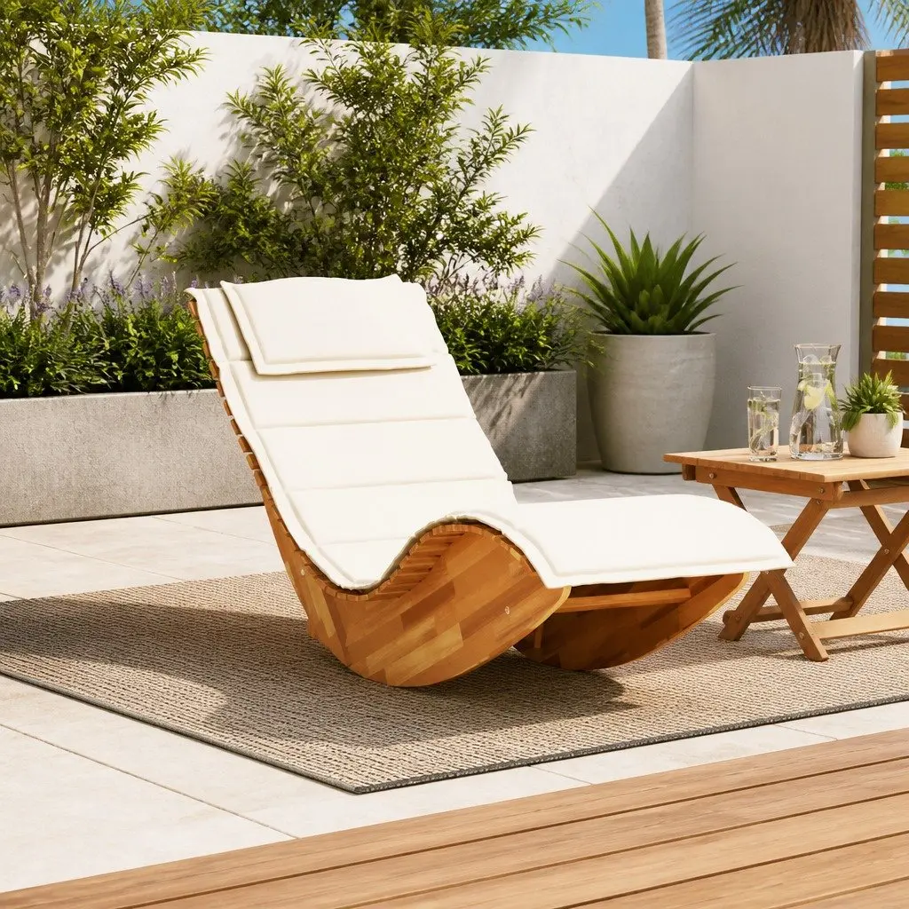 Wooden Rocking Sun Lounger Patio Garden Relaxation Chair with Cushion Brown