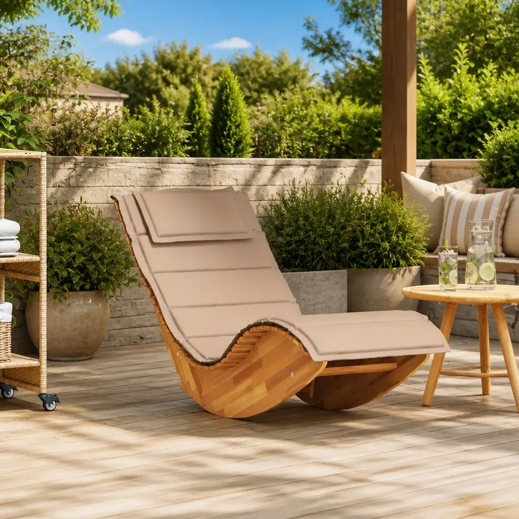 Wooden Rocking Lounger with Padded Cushion and Solid Build