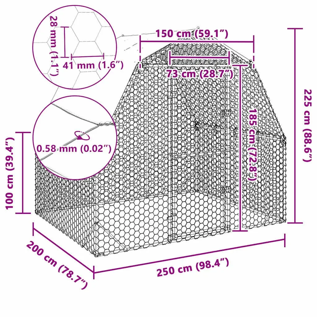 Chicken Run Enclosure for Backyard Poultry 2.5x2x2.25m Hexagonal Mesh Silver