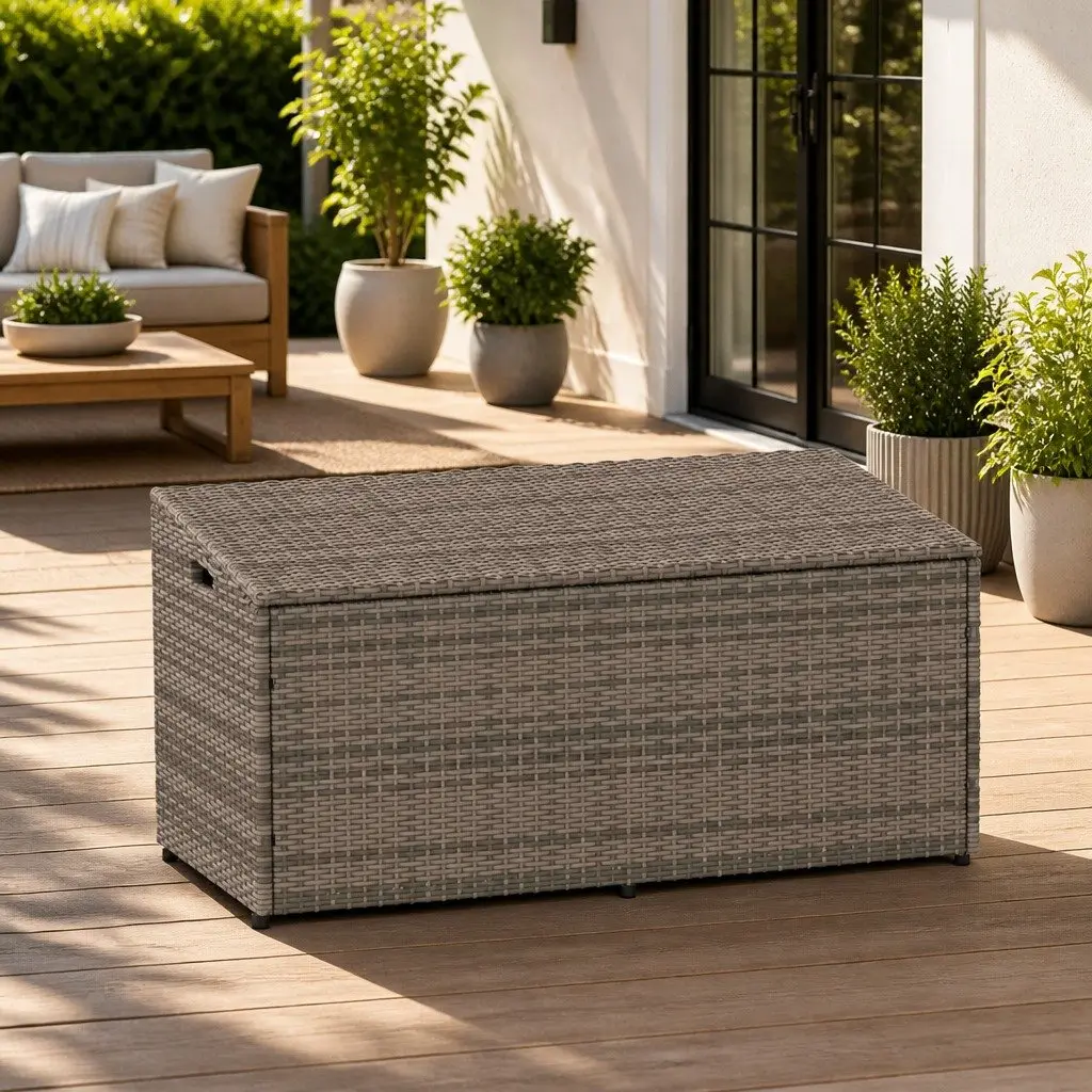 Garden Storage Box Grey Poly Rattan Outdoor Use 110x50x58cm