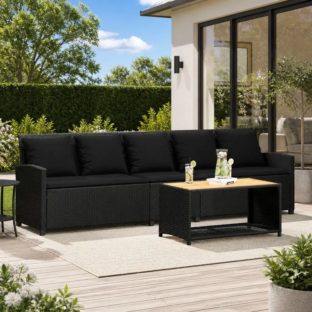 Outdoor Lounge Set 5-Seater Garden Sofa Black Poly Rattan with Cushions