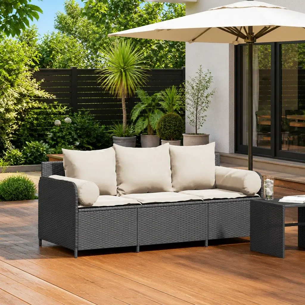 3-Seater Garden Sofa Outdoor Cushioned Patio Black Rattan Lounge Chair