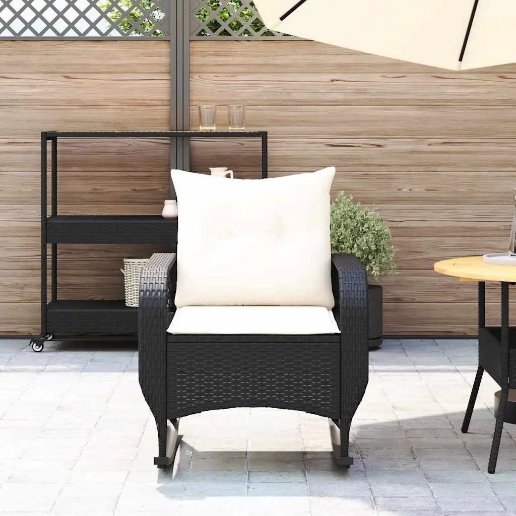 Garden Rocking Chair with Cushions Black Poly Rattan Outdoor Seating Relaxation
