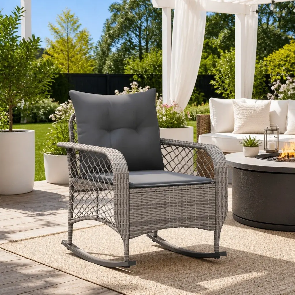 Garden Rocking Chair Outdoor Seating Grey Poly Rattan with Cushions
