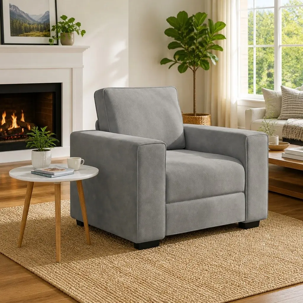 Sofa Chair Light Grey Velvet Lounge Seat Padded Armchair Living Room Furniture