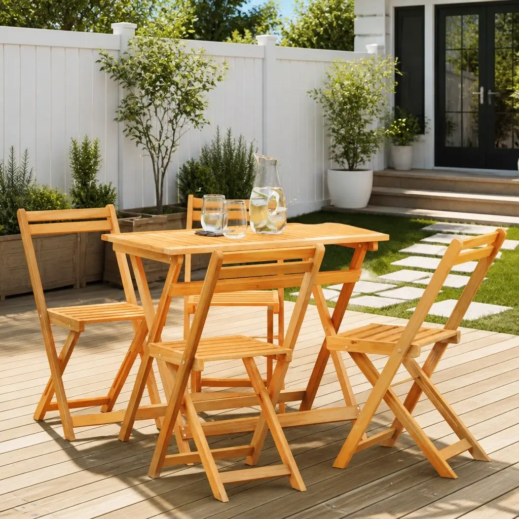 Folding Bistro Set 5 Piece Outdoor Garden Furniture Table Chairs Brown Wood