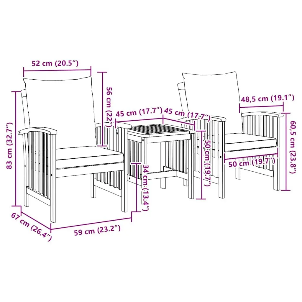Outdoor Furniture Set 3 Piece Brown Acacia Wood Armchairs Side Table