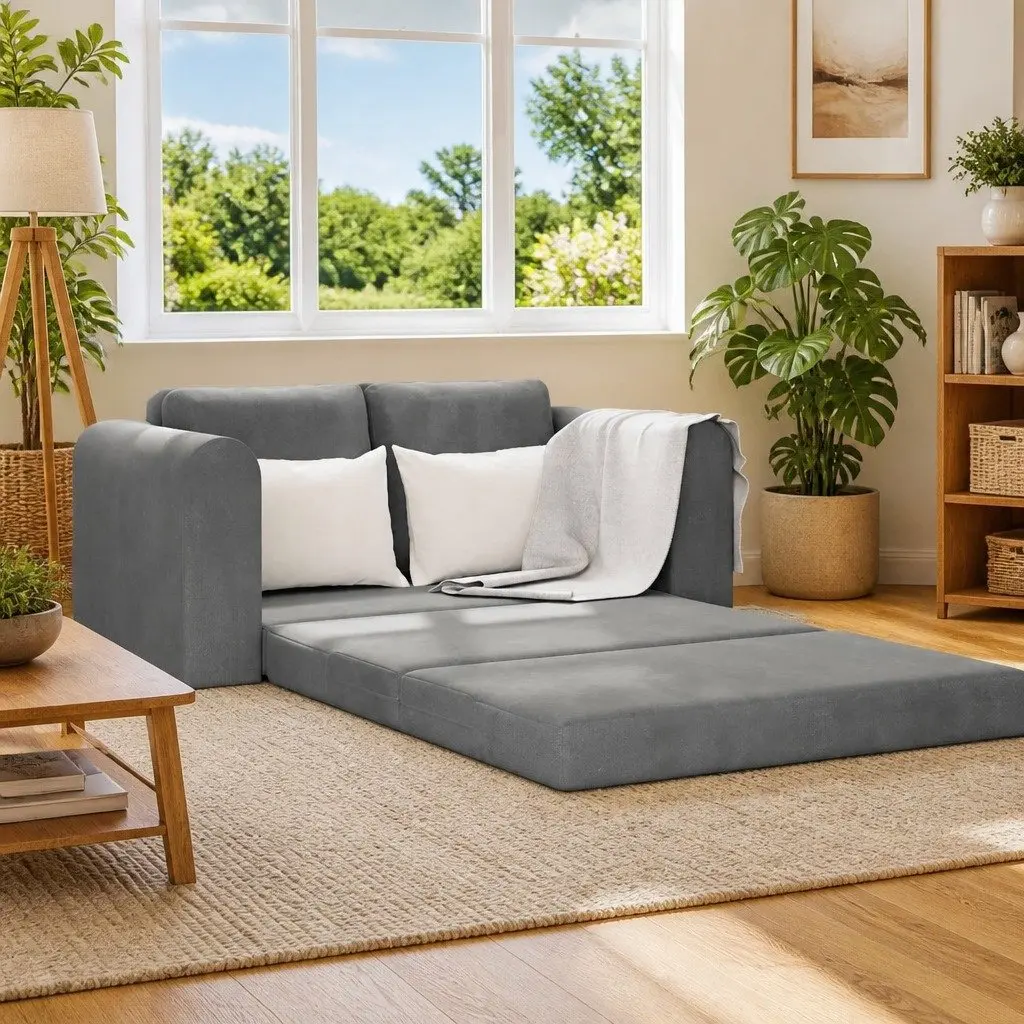 Sofa Bed Grey Velvet Living Room 148x71x83cm Convertible Couch