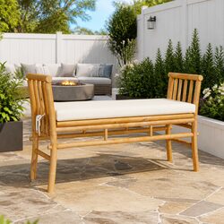 110x38x65cm Garden Bench with Cushion, Solid Bamboo Construction