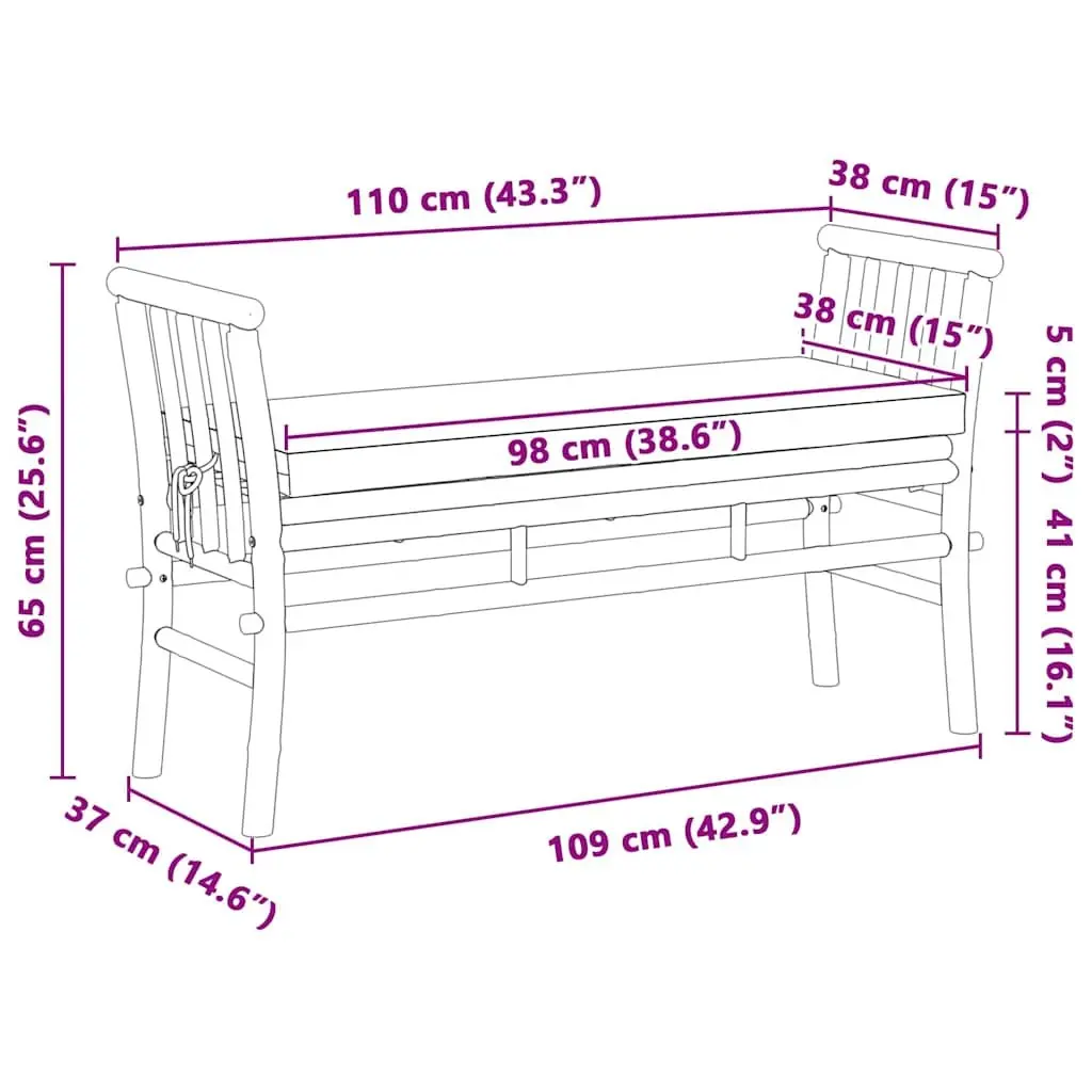Bamboo Garden Bench with Cushion for Patio Outdoor Seating 110x38x65cm