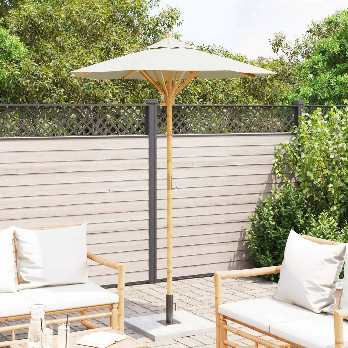 Garden Parasol Round Outdoor Umbrella Cream White Bamboo Frame 150cm