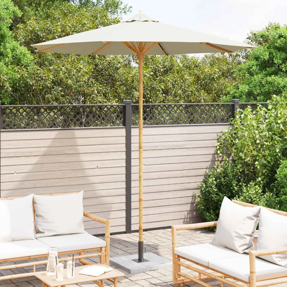Garden Parasol Outdoor Use 240 cm Round Canopy Cream White Bamboo Frame