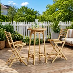 Outdoor Bar Set - 3 Pieces in Brown Bamboo, Foldable Design