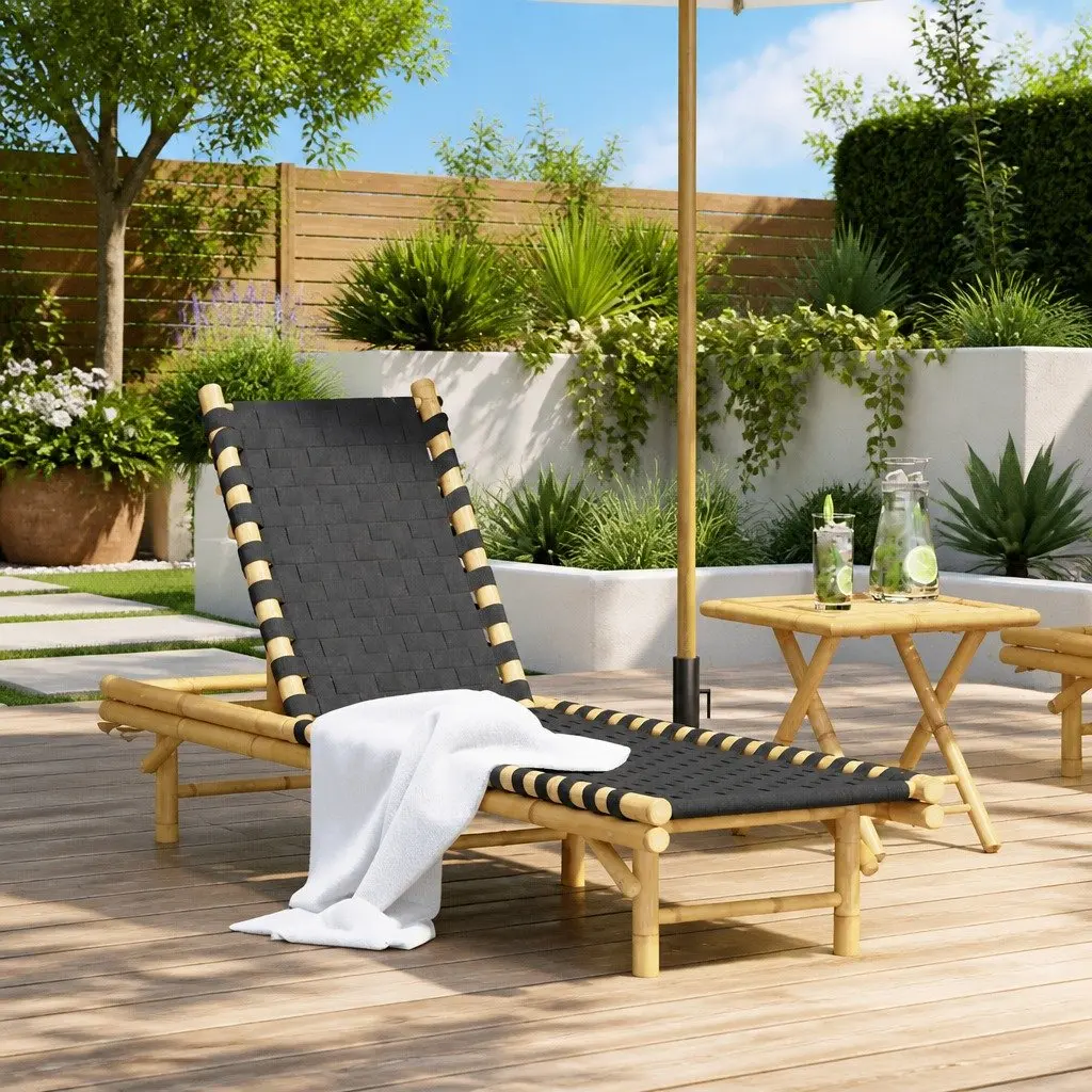 Sun Lounger Bamboo Frame Adjustable Backrest Garden Patio 55 x 200 x 30 cm