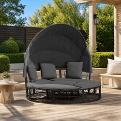 Outdoor Lounge Bed with Canopy Cushions Modular Garden Furniture Black Rattan