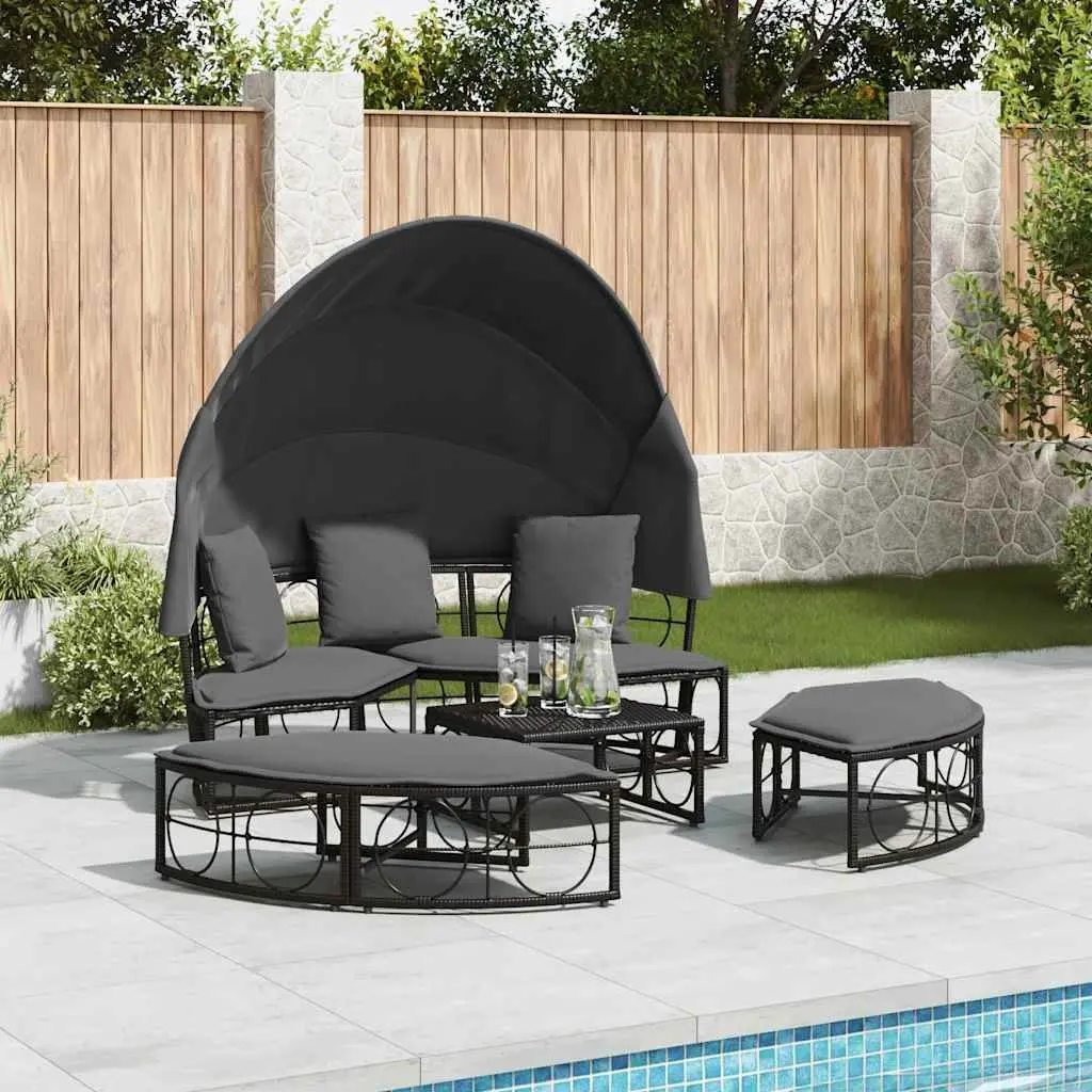 Outdoor Lounge Bed with Canopy Cushions Modular Garden Furniture Black Rattan