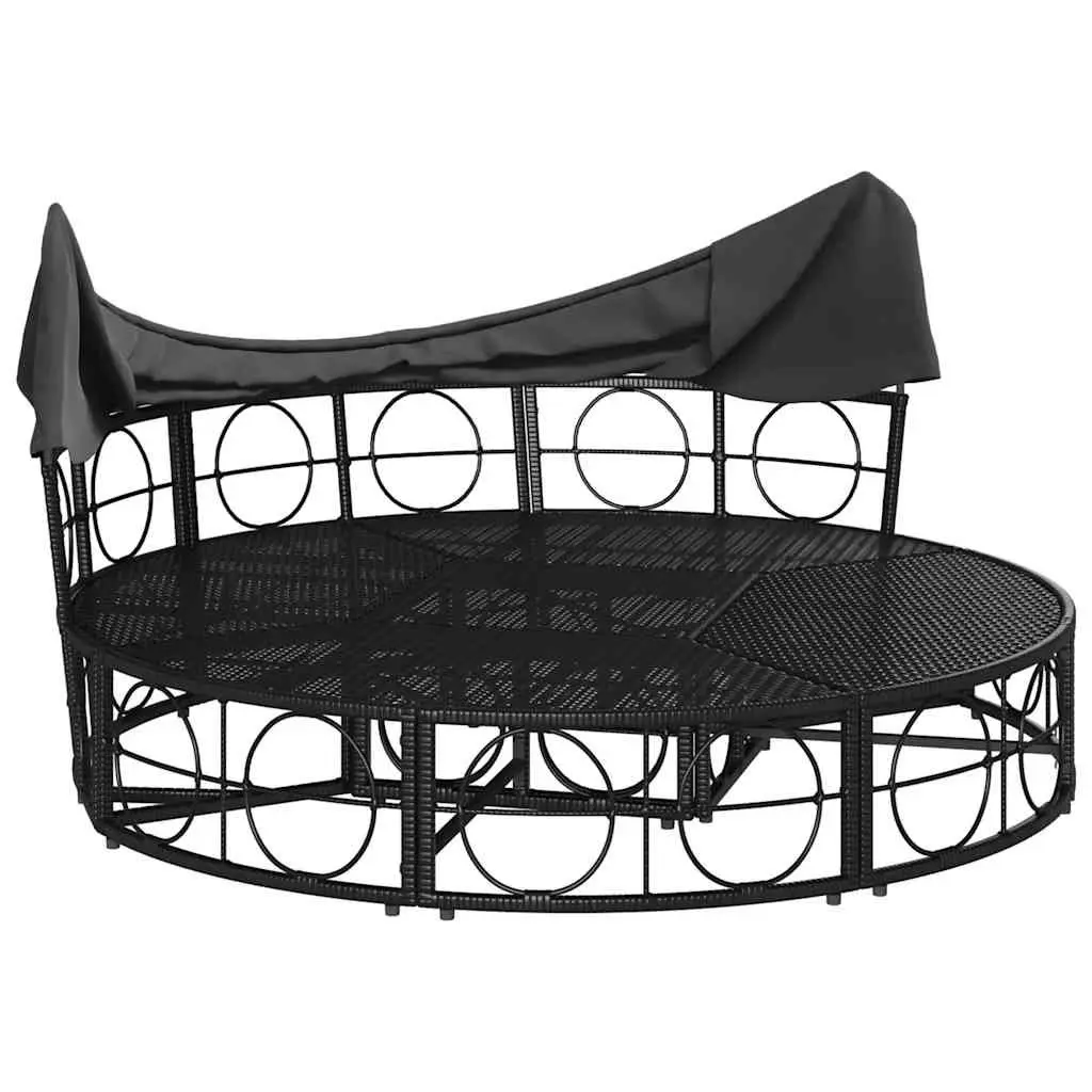 Outdoor Lounge Bed with Canopy Cushions Modular Garden Furniture Black Rattan