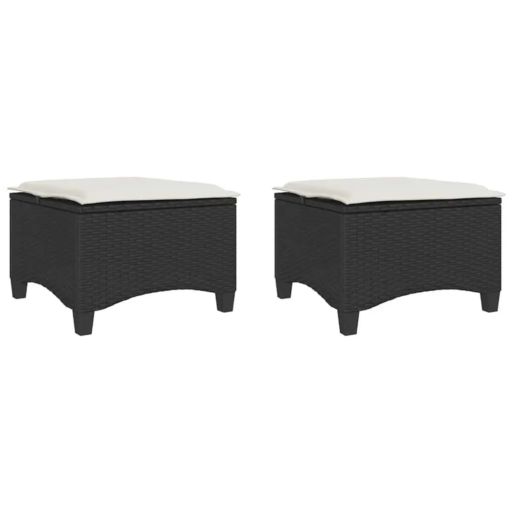 Garden Stools Outdoor Use 2 Piece Black 55 x 55 x 36 cm Poly Rattan Foot Rests with Cushions