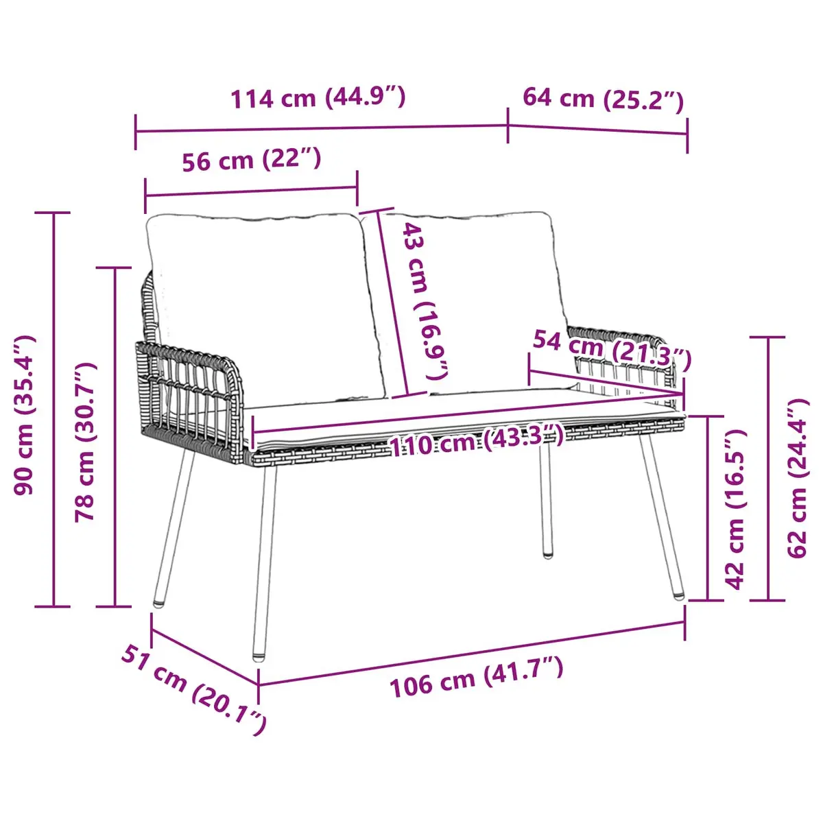 Garden Bench Outdoor Seating 114cm Steel Frame Poly Rattan