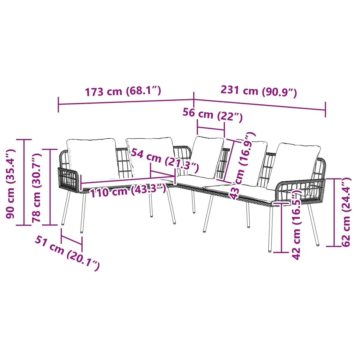 L-Shaped Outdoor Sofa Garden Seating Patio Furniture Steel Frame Cushion 173 x 231 x 90 cm