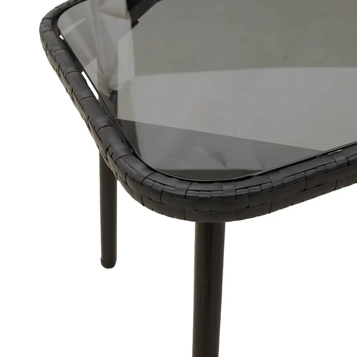 Outdoor Coffee Table Black Poly Rattan Garden Terrace Furniture with Glass Top
