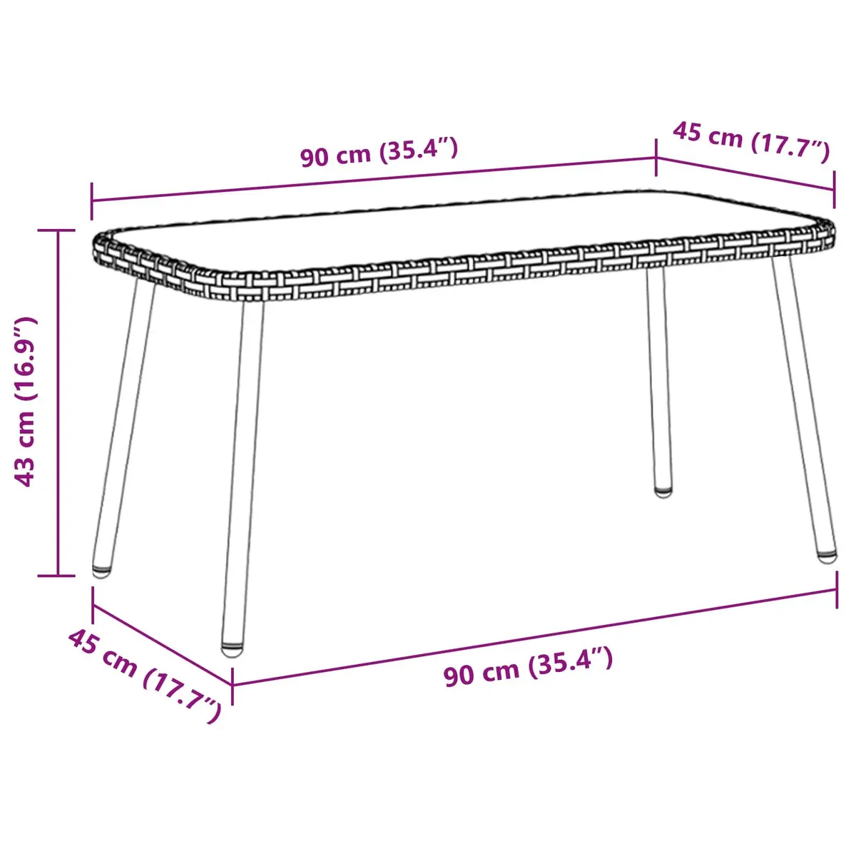 Outdoor Coffee Table Black Poly Rattan Garden Terrace Furniture with Glass Top