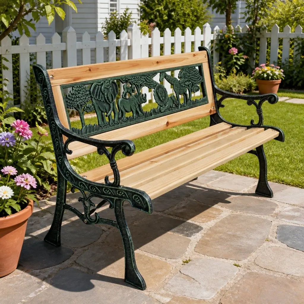 Children Garden Bench 84 cm Wood Outdoor Seating Backrest Patterned Frame
