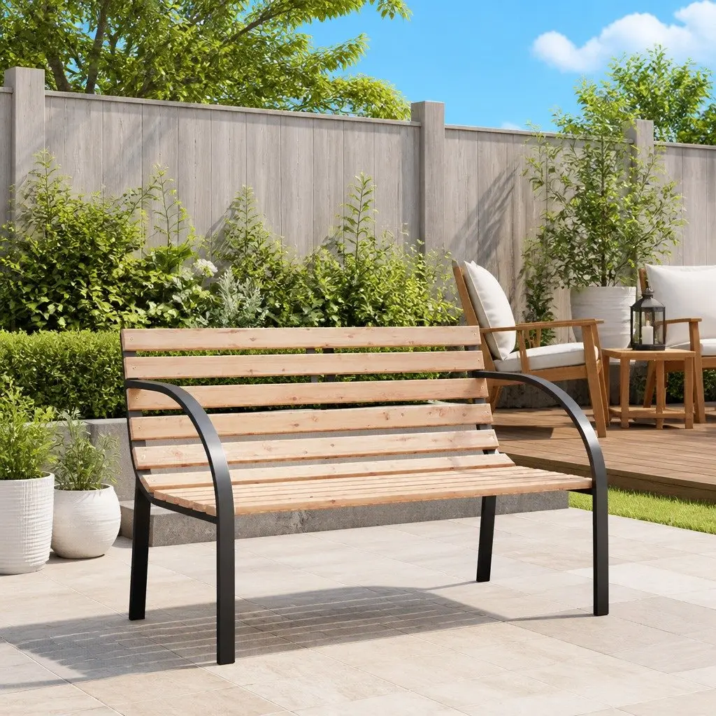 Garden Bench Outdoor Seating 120cm Wooden Slats Iron Frame Curved Armrests