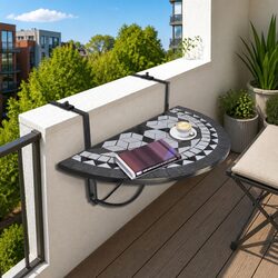 Hanging Balcony Table Semi-Circular Mosaic Ceramic Top Deck Rail Foldable