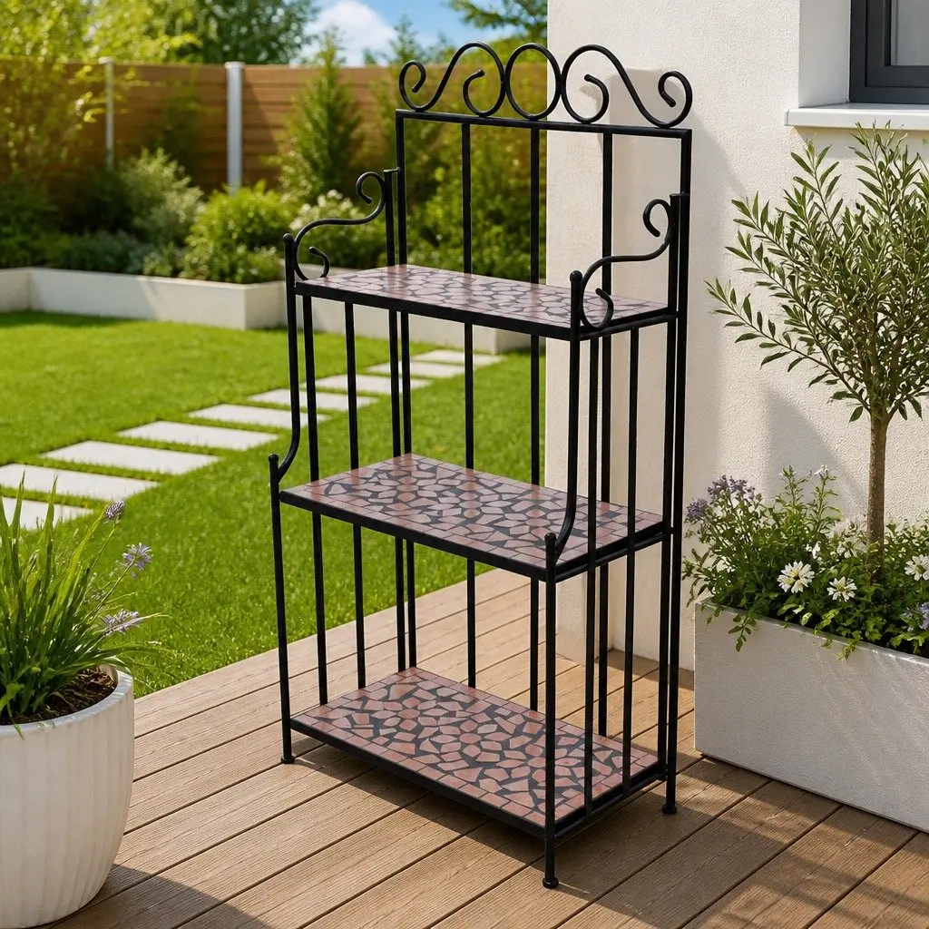 Plant Stand for Garden Balcony Terrace 3 Layer Ceramic Mosaic Curved Iron