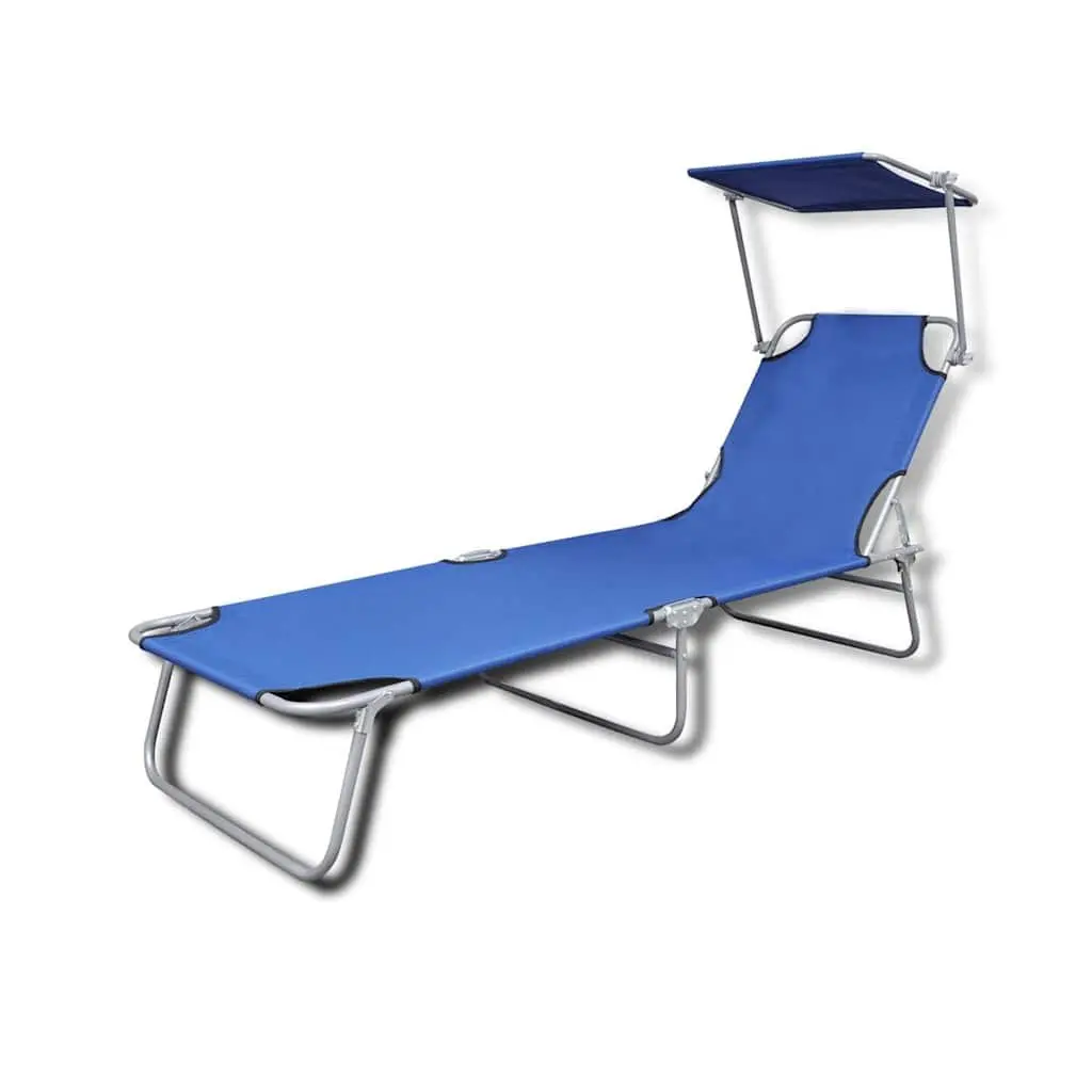 Sun Lounger Folding Canopy Adjustable Backrest Outdoor Sunbed Blue