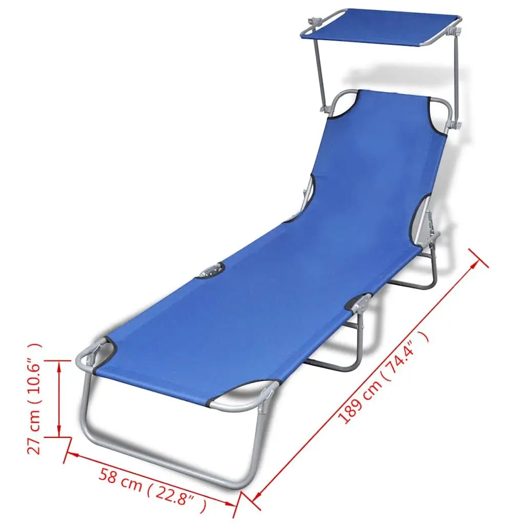 Sun Lounger Folding Canopy Adjustable Backrest Outdoor Sunbed Blue