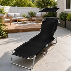 Sun Lounger Folding Canopy Adjustable Backrest Outdoor Sunbed Steel Black