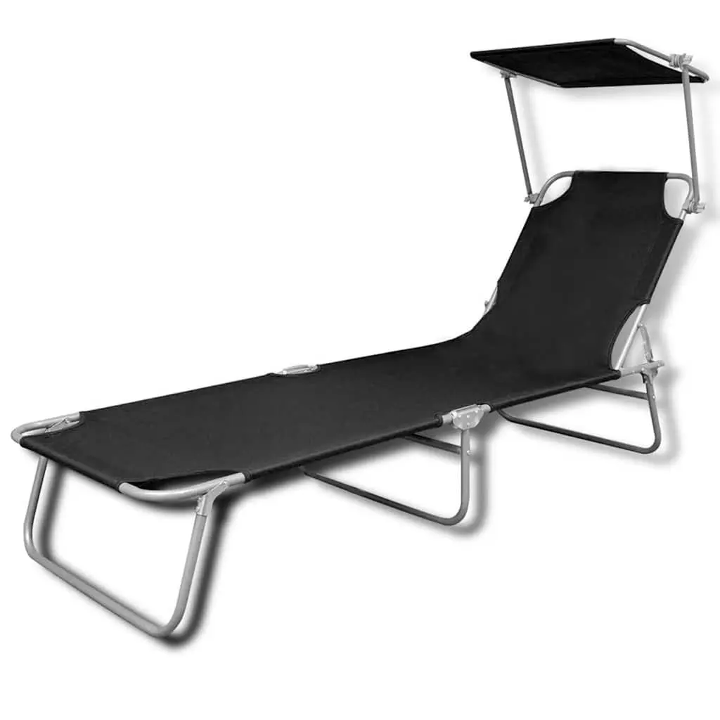 Sun Lounger Folding Canopy Adjustable Backrest Outdoor Sunbed Steel Black