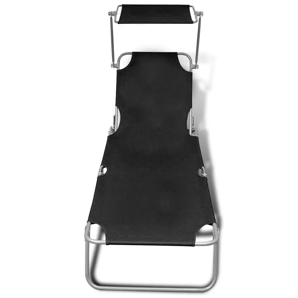 Sun Lounger Folding Canopy Adjustable Backrest Outdoor Sunbed Steel Black