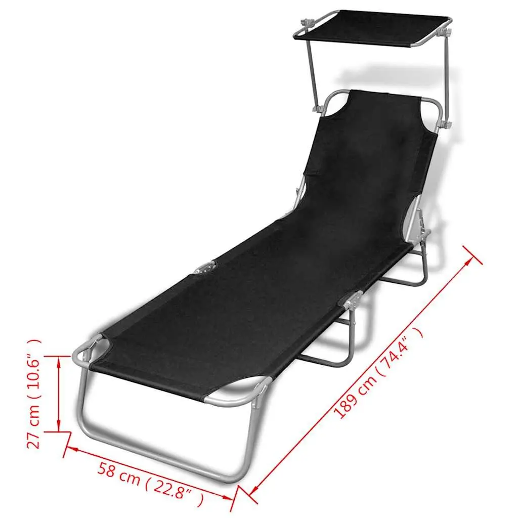 Sun Lounger Folding Canopy Adjustable Backrest Outdoor Sunbed Steel Black