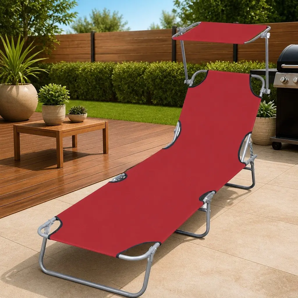 Red Folding Sun Lounger with Canopy and Adjustable Backrest