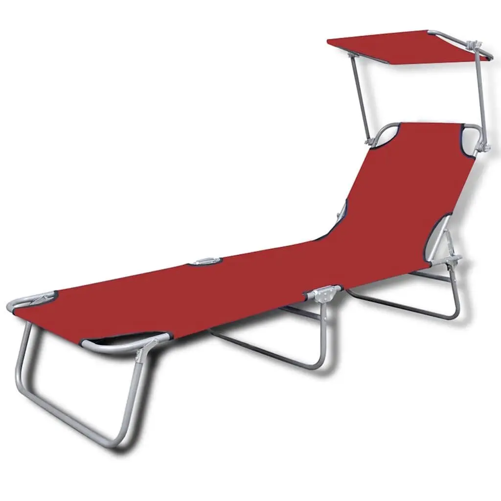 Red Folding Sun Lounger with Canopy and Adjustable Backrest
